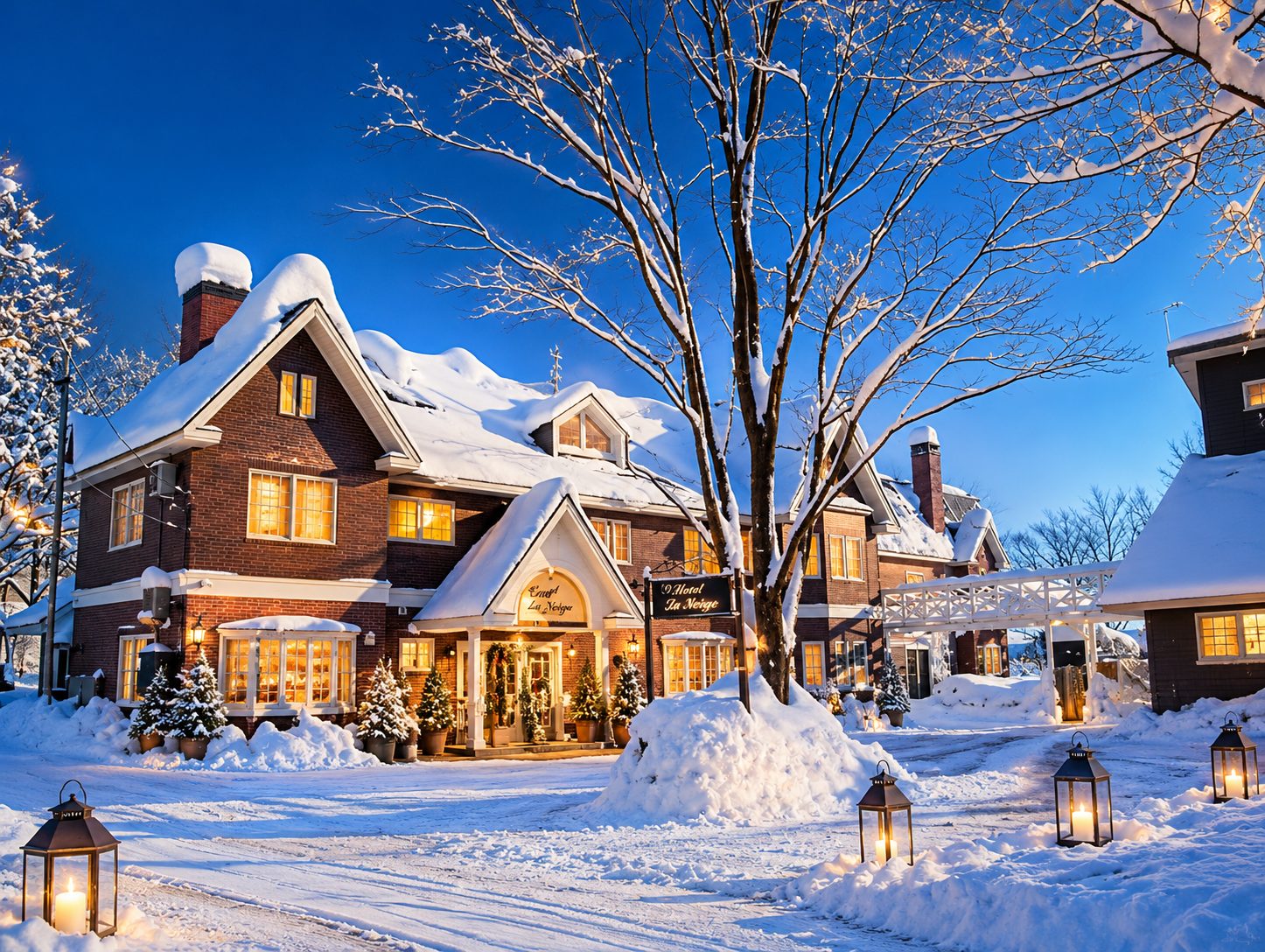 Exterior of the accommodation dusted with snow
